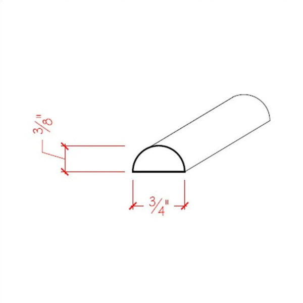 EWHR11 Half Round 3/4" Wide x 3/8" Moulding Trim. Unfinished, dimensions drawing