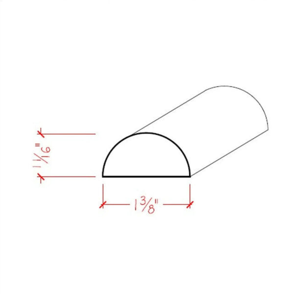 EWHR12 Half Round 1-3/8" Wide x 11/16" Moulding Trim. Unfinished, dimensions drawing