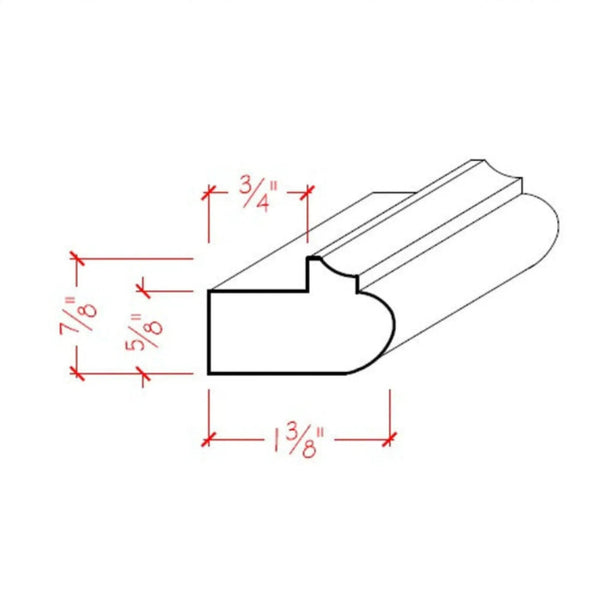 EWLR12 Kitchen Cabinet Light Rail 1-3/8" Wide x 7/8" Trim. Unfinished, dimensions drawing