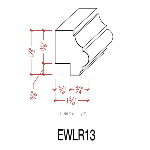 EWLR13 Kitchen Cabinet Light Rail 1-1/2" x 1-3/8" Trim. Unfinished, dimensions drawing