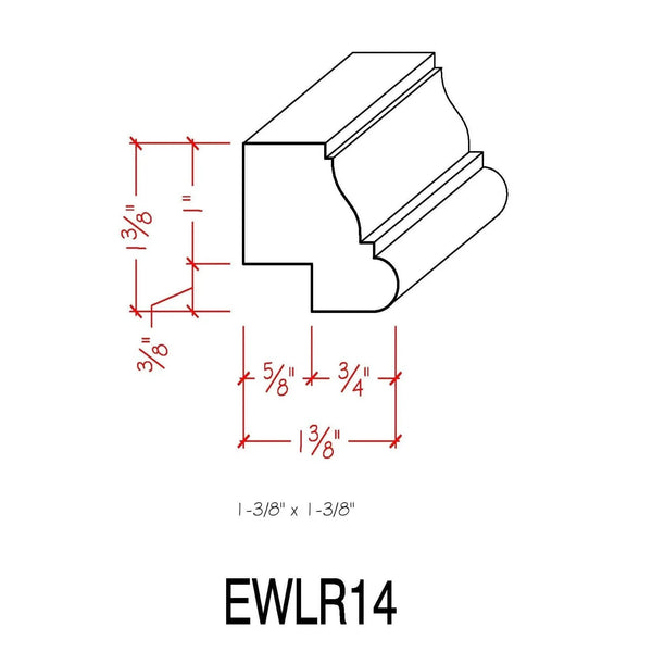 EWLR14 Kitchen Cabinet Light Rail 1-3/8" x 1-3/8" Trim. Unfinished, dimensions drawing