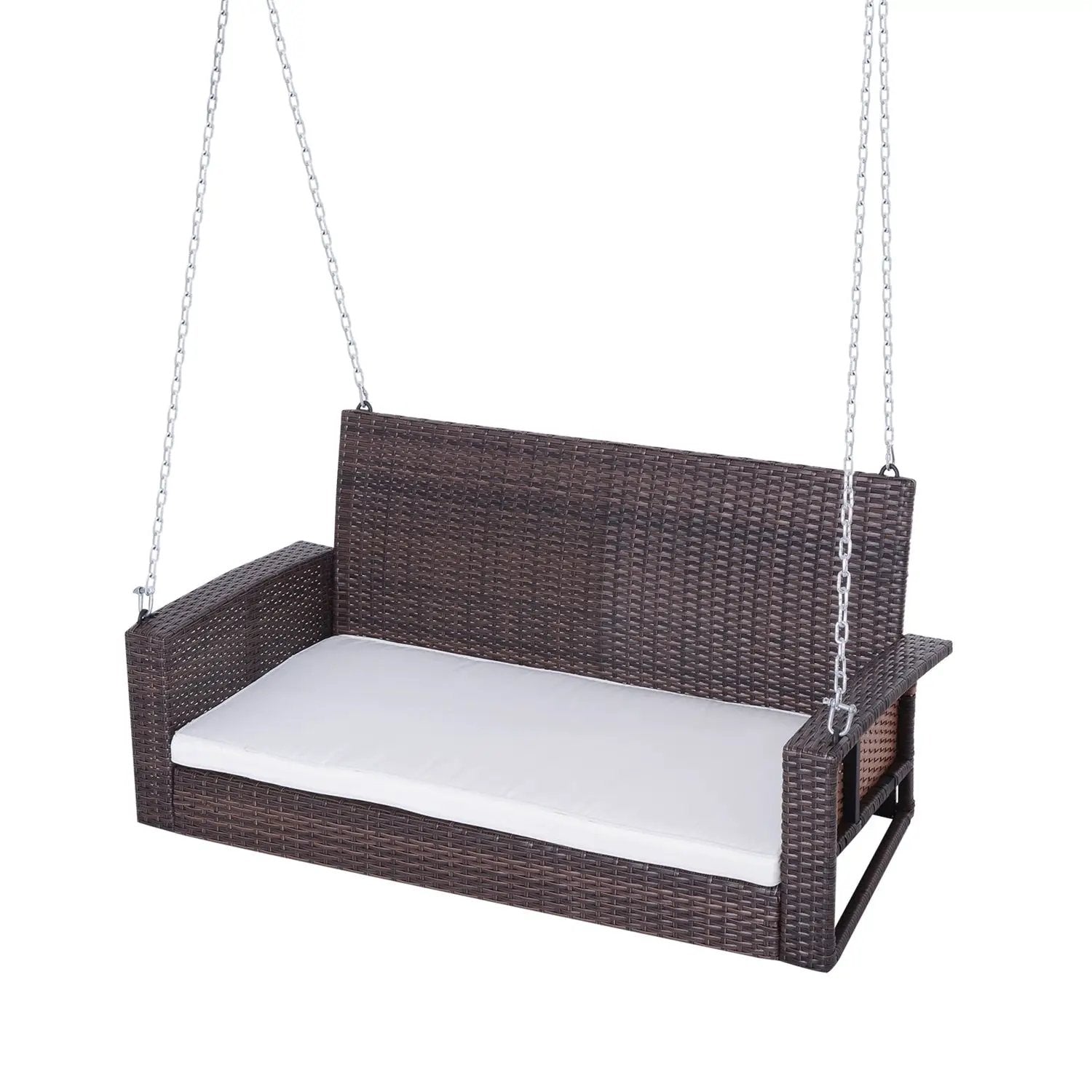 Espresso Wicker Porch Swing 7ft Hanging Chain with Cream Padded Cushion by HomePacific