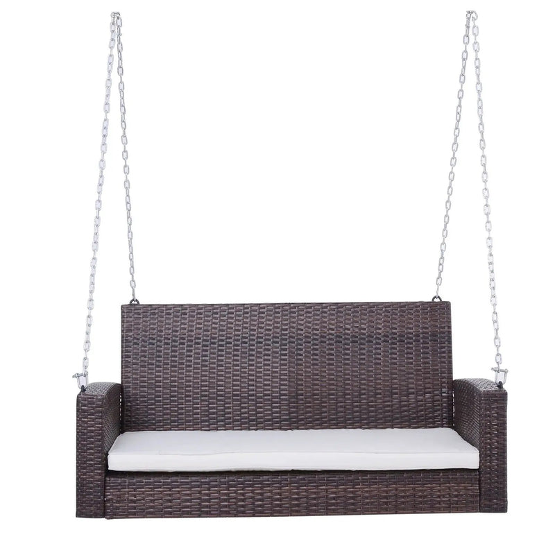 Espresso Wicker Porch Swing 7ft Hanging Chain with Cream Padded Cushion by HomePacific