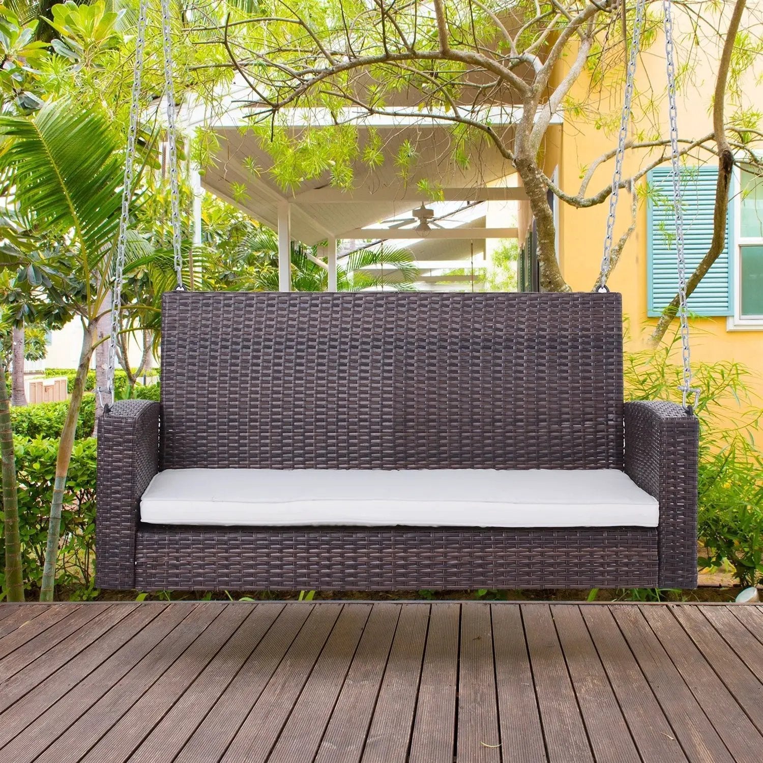 Espresso Wicker Porch Swing 7ft Hanging Chain with Cream Padded Cushion by HomePacific