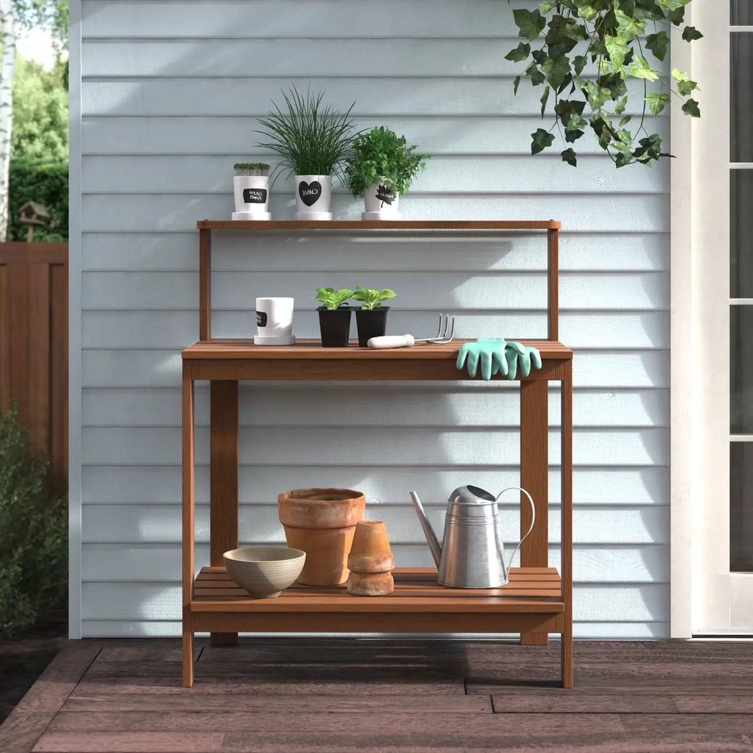 Solid Meranti Wood Outdoor Garden Potting Bench Table with Bottom Shelf by HomePacific