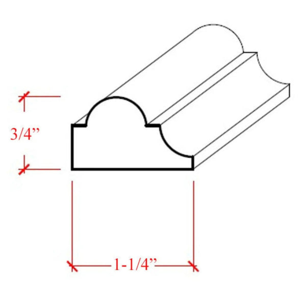 EWPM23 Nose and Cove Panel Molding 1-1/4" wide x 3/4" Trim. Unfinished, dimensions drawing