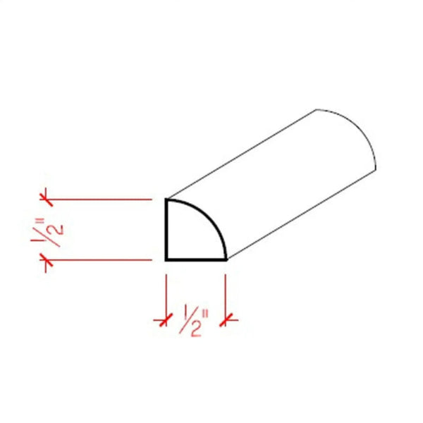 EWQR11 Quarter Round 1/2" x 1/2" Moulding Trim. Unfinished, dimensions drawing