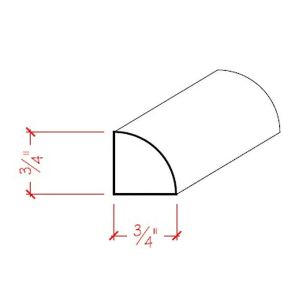 EWQR12 Quarter Round 3/4" x 3/4" Moulding Trim. Unfinished, dimensions drawing