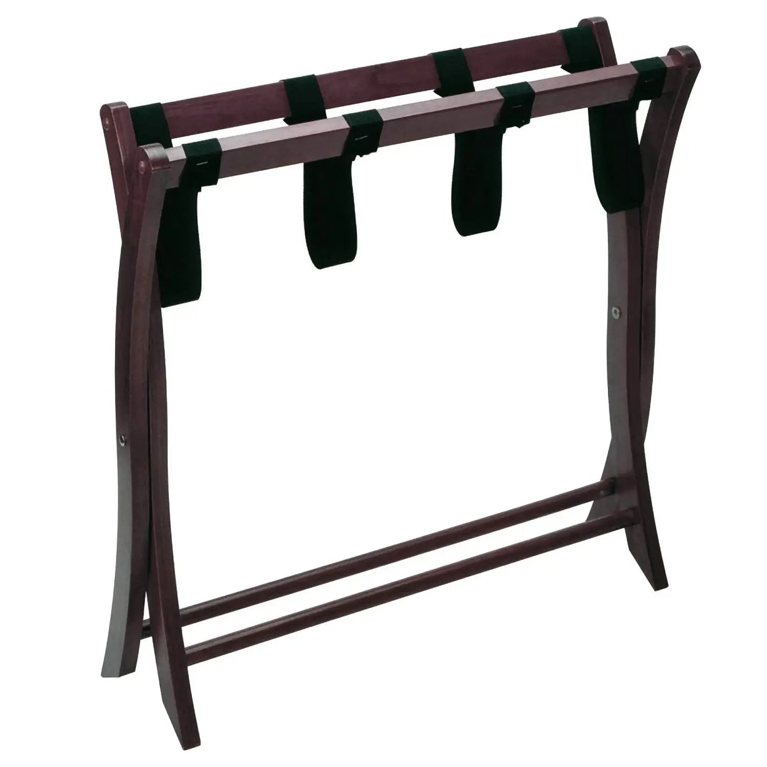 Solid Wood Folding Luggage Rack in Dark Brown Finish with Black Nylon Straps by HomePacific