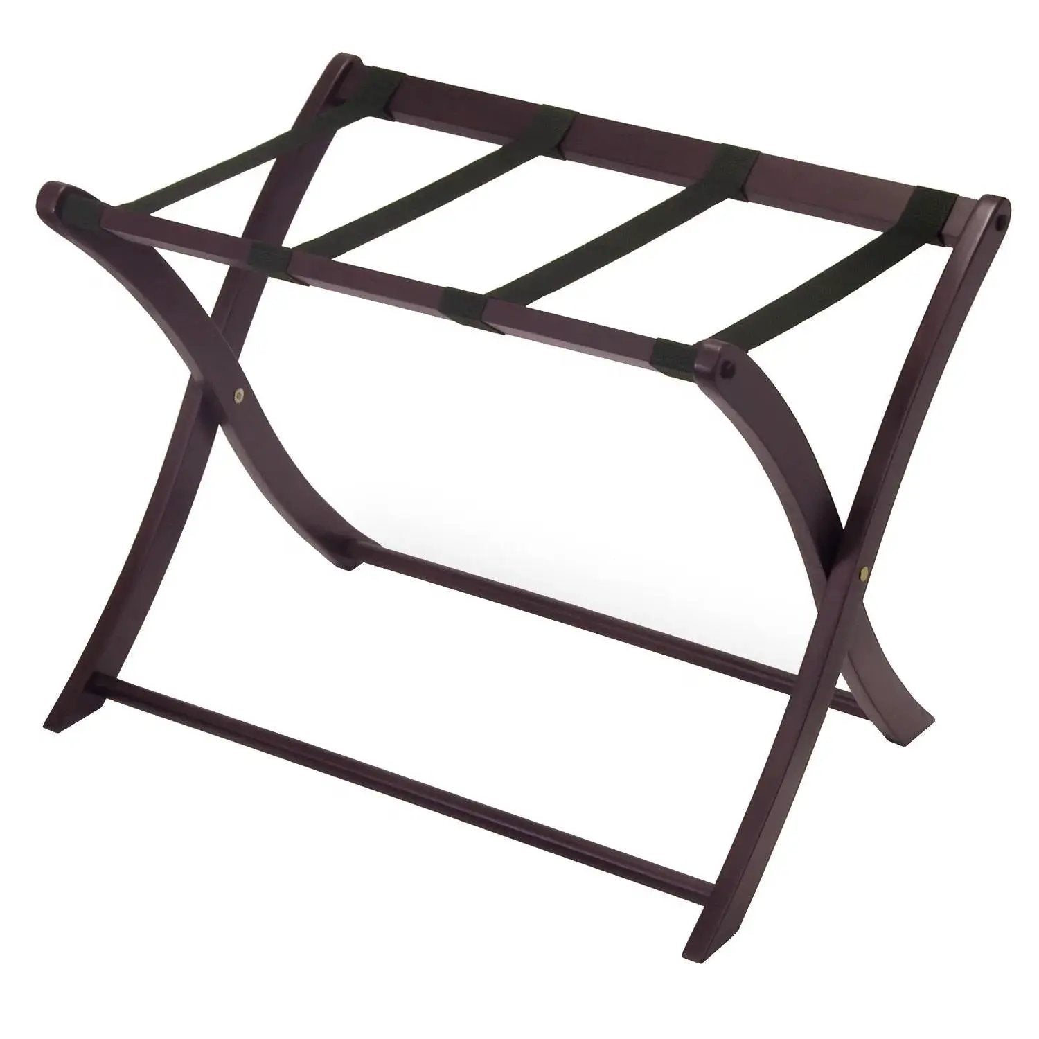 Solid Wood Folding Luggage Rack in Dark Brown Finish with Black Nylon Straps by HomePacific