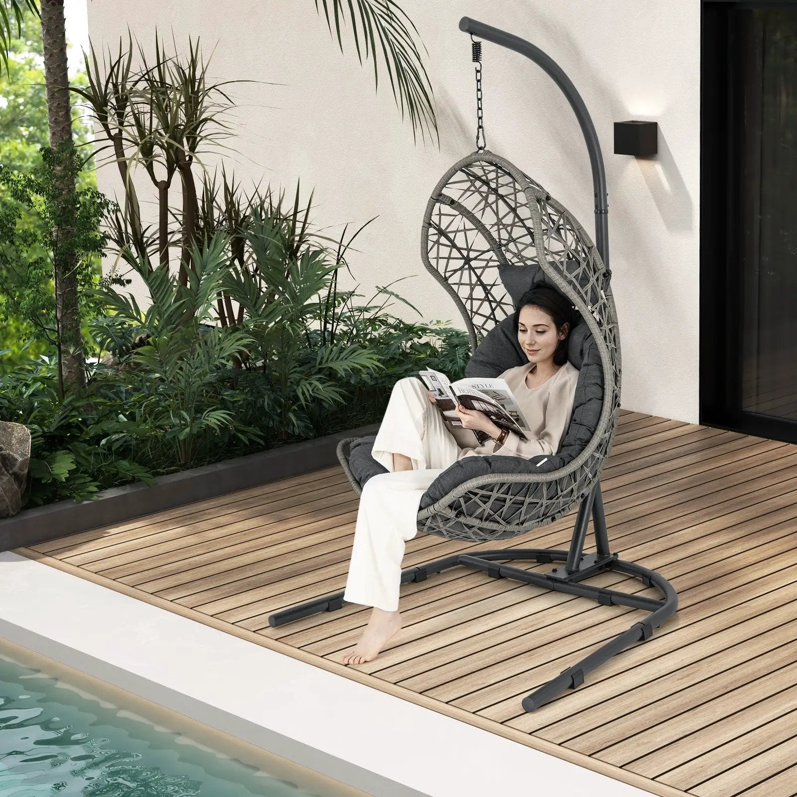 Egg Chair with Stand PE Rattan Swing Hammock Chair with Pillow and Cushion-Gray by DirectDeals