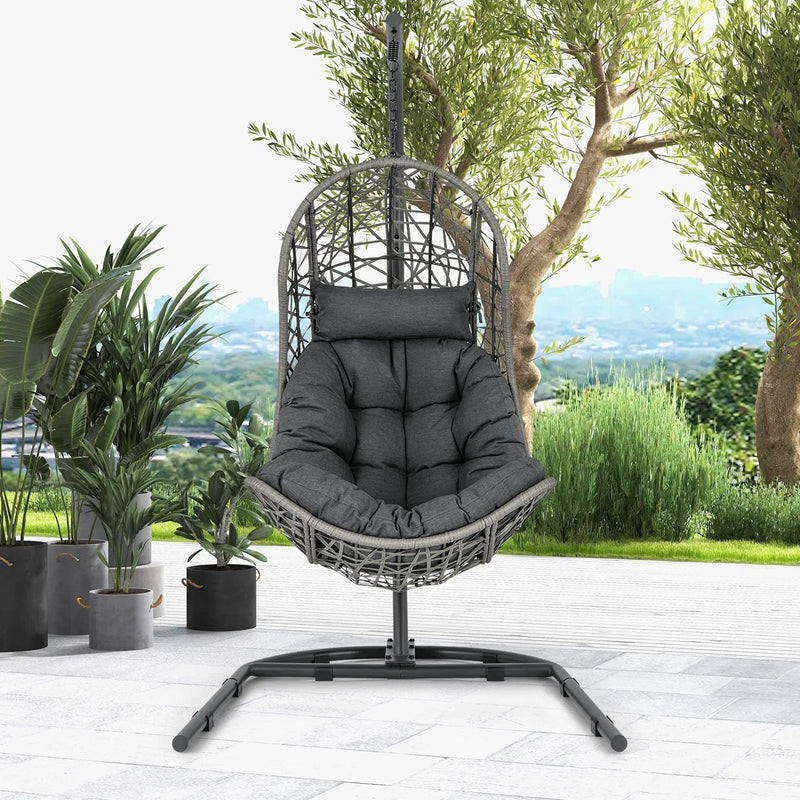 Egg Chair with Stand PE Rattan Swing Hammock Chair with Pillow and Cushion-Gray by DirectDeals