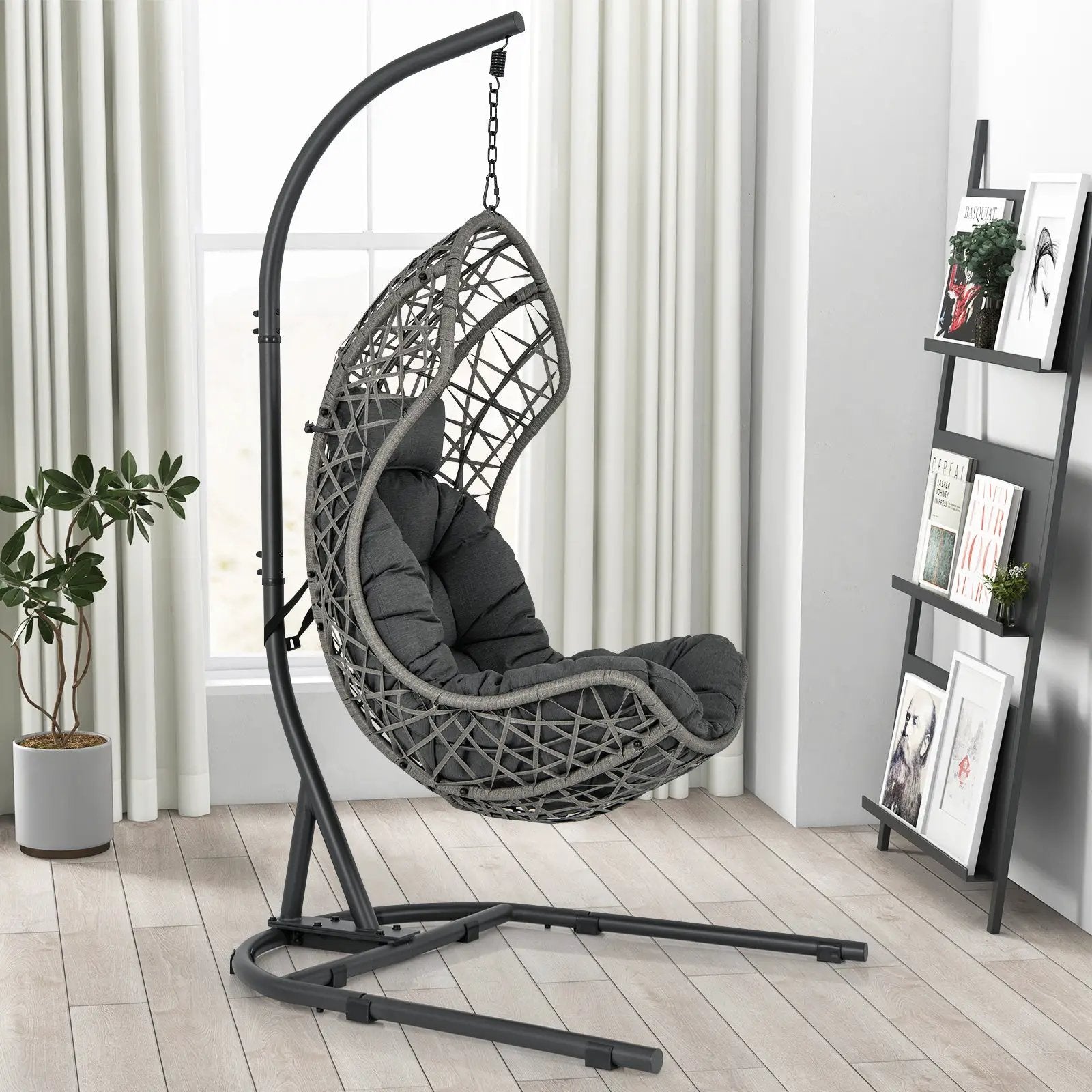 Egg Chair with Stand PE Rattan Swing Hammock Chair with Pillow and Cushion-Gray by DirectDeals