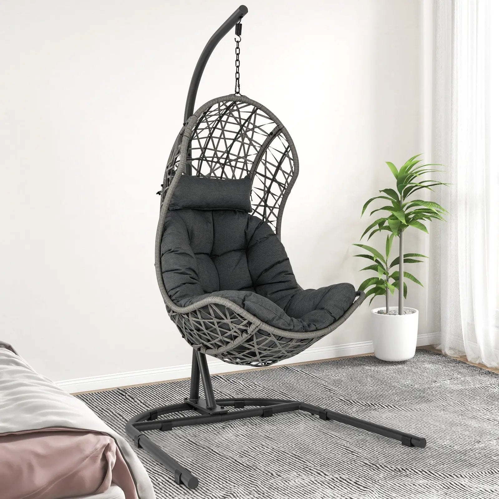 Egg Chair with Stand PE Rattan Swing Hammock Chair with Pillow and Cushion-Gray by DirectDeals