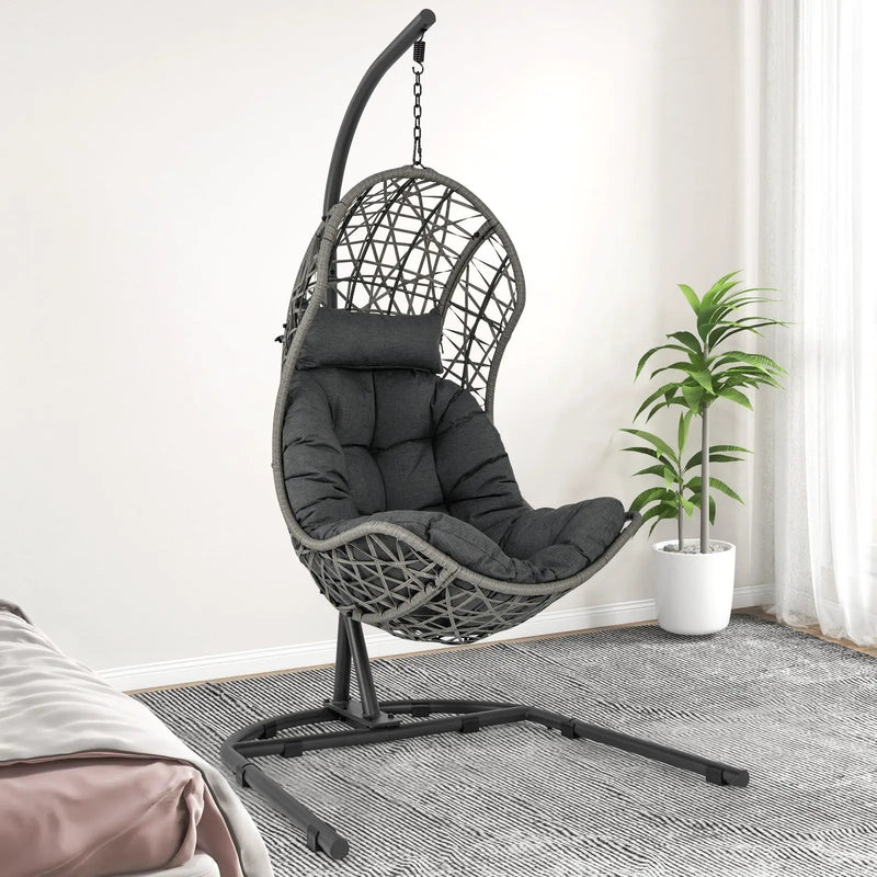 Egg Chair with Stand PE Rattan Swing Hammock Chair with Pillow and Cushion-Gray by DirectDeals