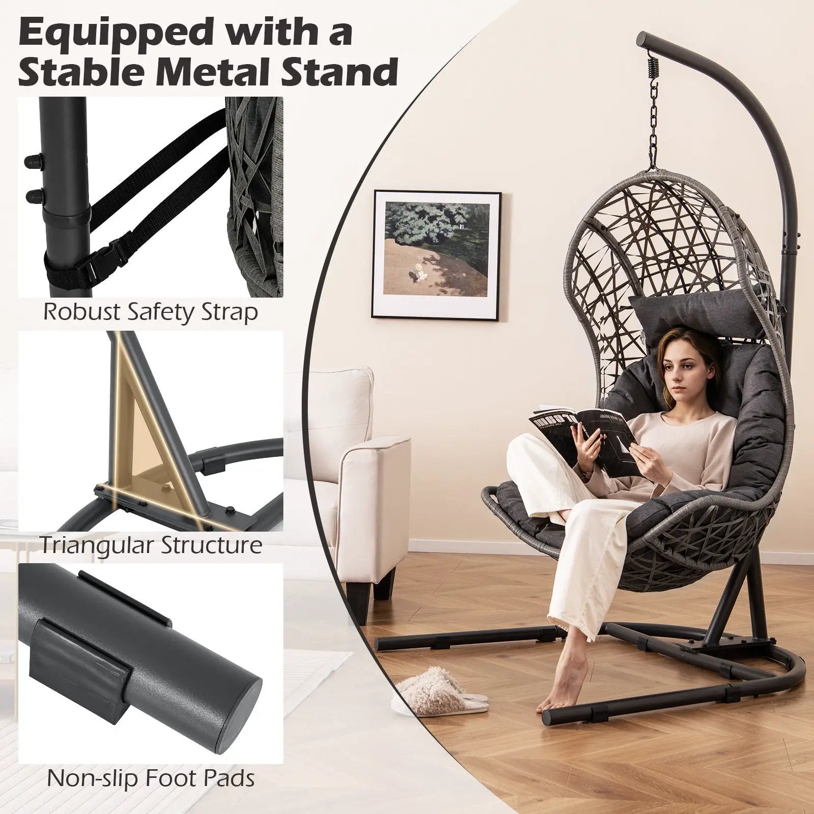 Egg Chair with Stand PE Rattan Swing Hammock Chair with Pillow and Cushion-Gray by DirectDeals