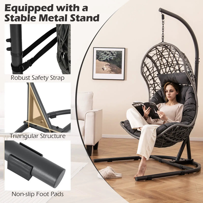 Egg Chair with Stand PE Rattan Swing Hammock Chair with Pillow and Cushion-Gray by DirectDeals