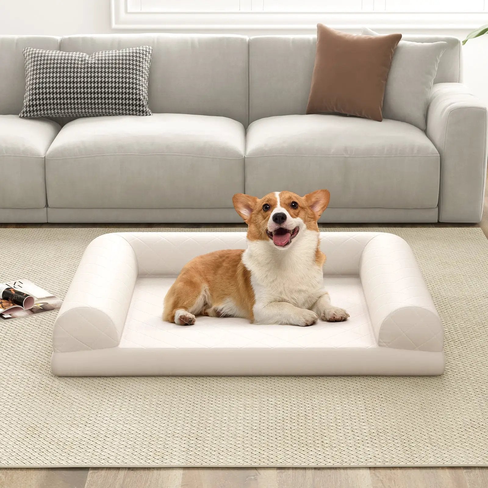 Egg-Foam Dog Crate Bed with 3-Side Bolster and Removable Washable Bed Cover-Beige by DirectDeals