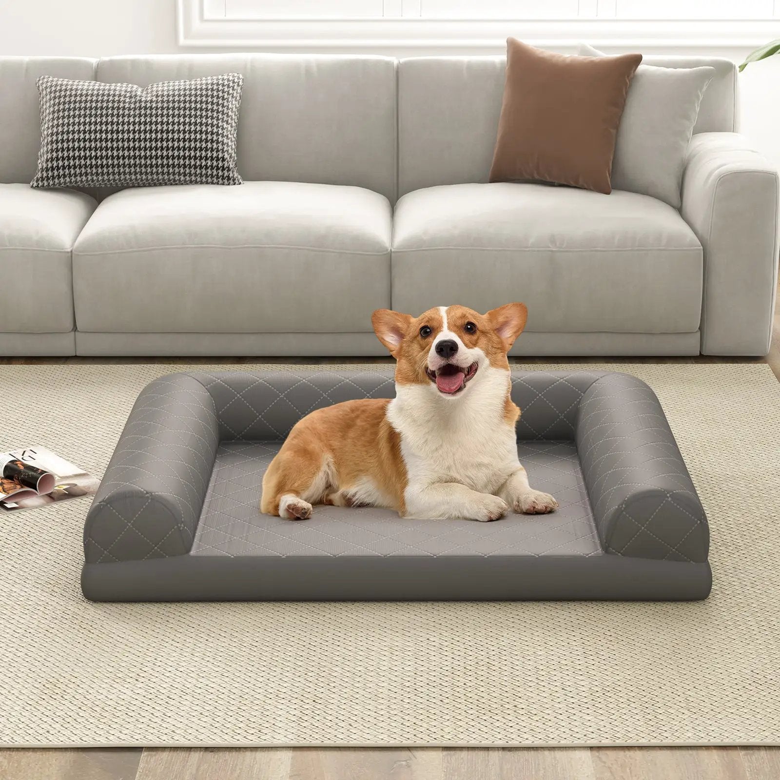 Egg-Foam Dog Crate Bed with 3-Side Bolster and Removable Washable Bed Cover-Gray by DirectDeals