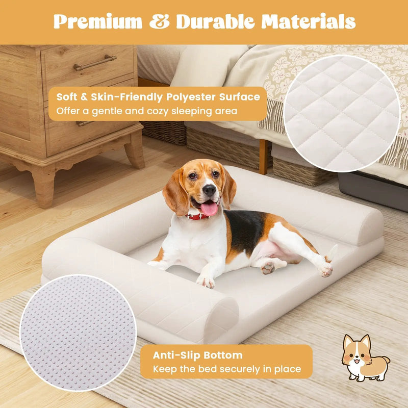 Egg-Foam Dog Crate Bed with 3-Side Bolster and Removable Washable Bed Cover-Beige by DirectDeals