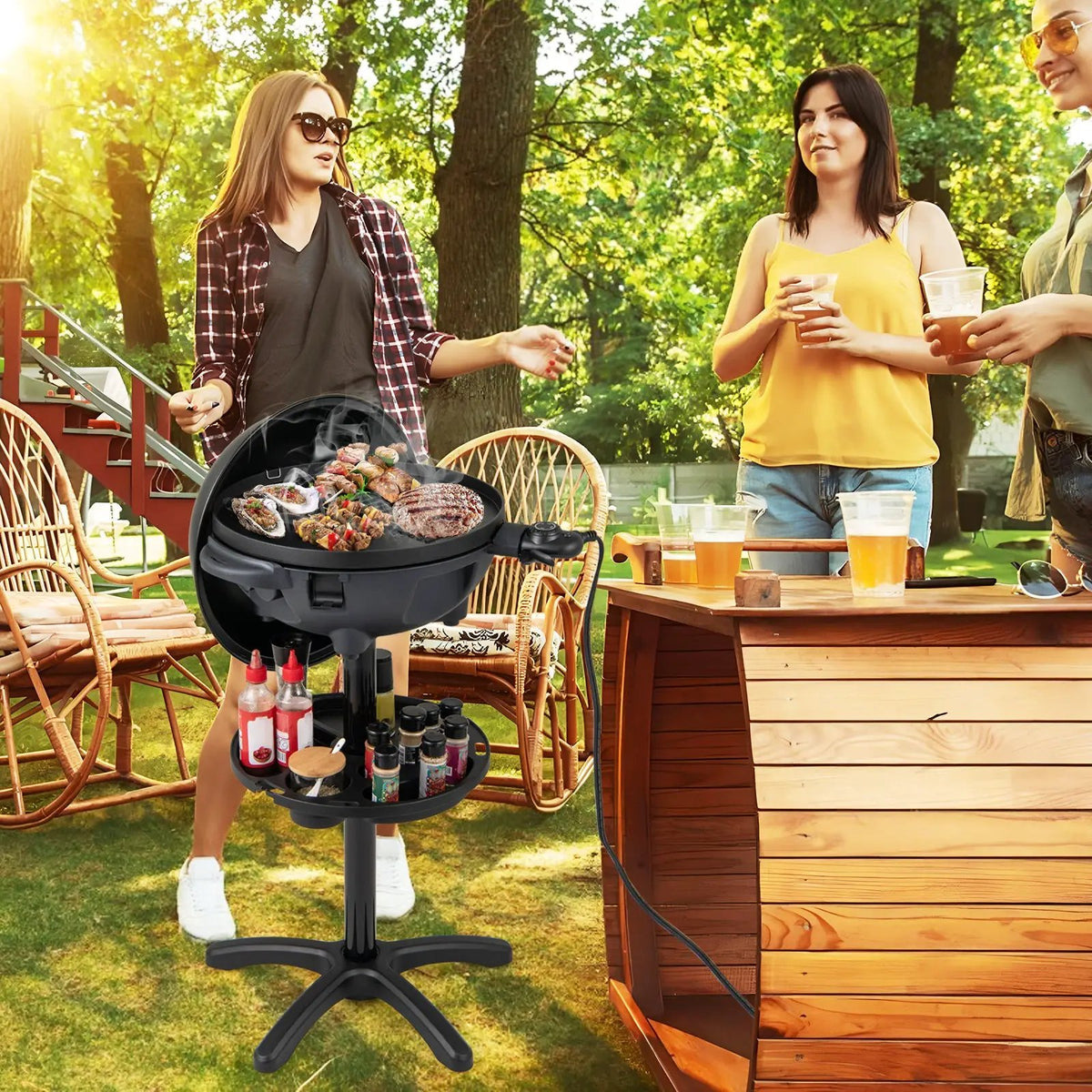 Electric BBQ Grill 1200W Indoor Outdoor Grill with 2-Zone Non-Stick Grilling Plate by DirectDeals