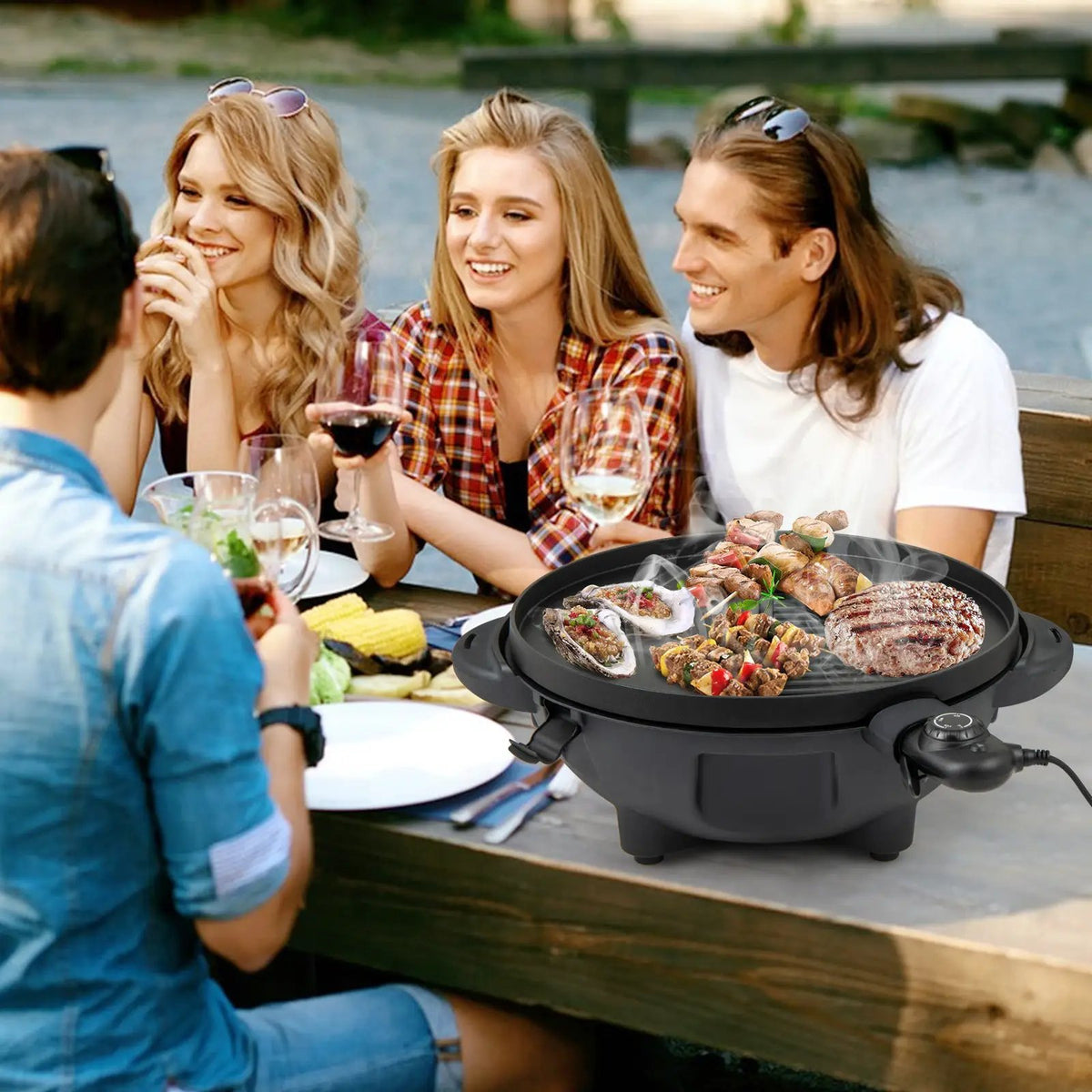 Electric BBQ Grill 1200W Indoor Outdoor Grill with 2-Zone Non-Stick Grilling Plate by DirectDeals