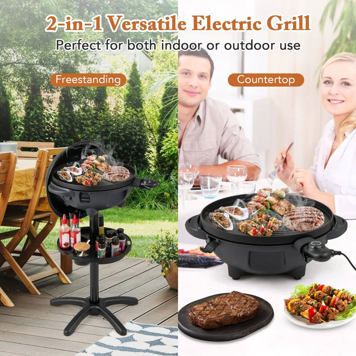 Electric BBQ Grill 1200W Indoor Outdoor Grill with 2-Zone Non-Stick Grilling Plate by DirectDeals