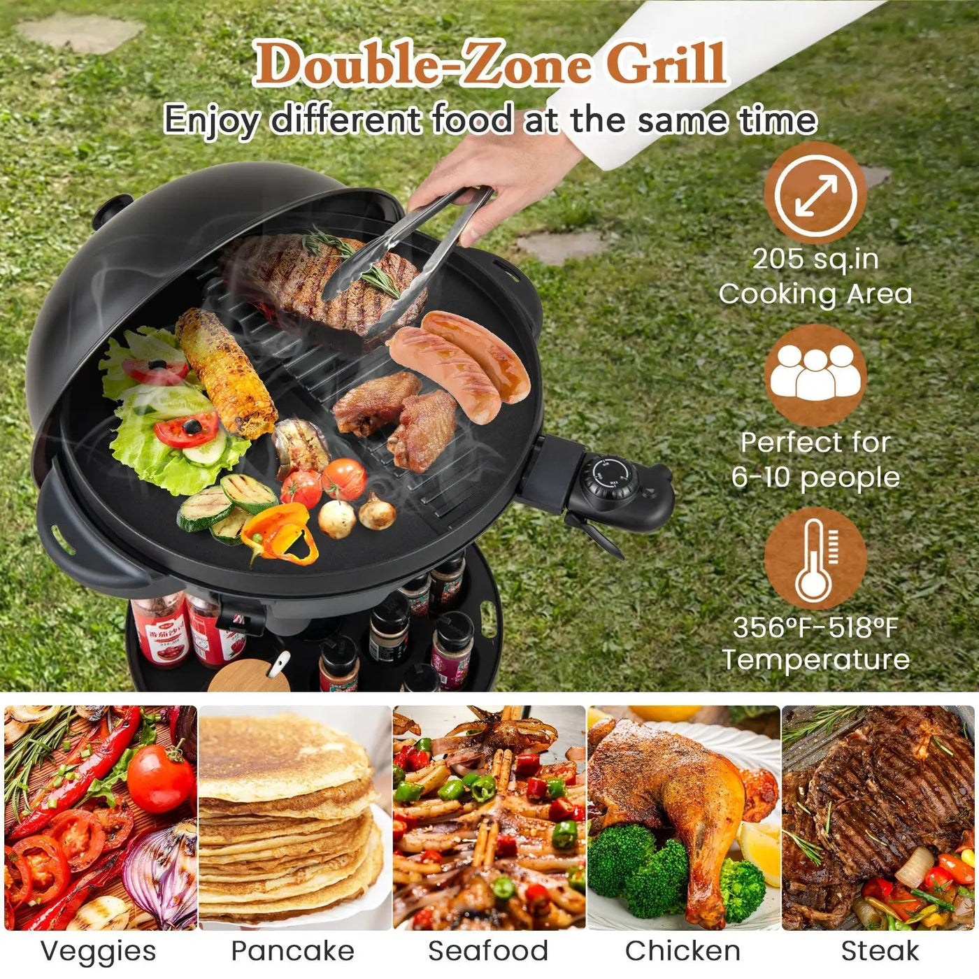 Electric BBQ Grill 1200W Indoor Outdoor Grill with 2-Zone Non-Stick Grilling Plate by DirectDeals