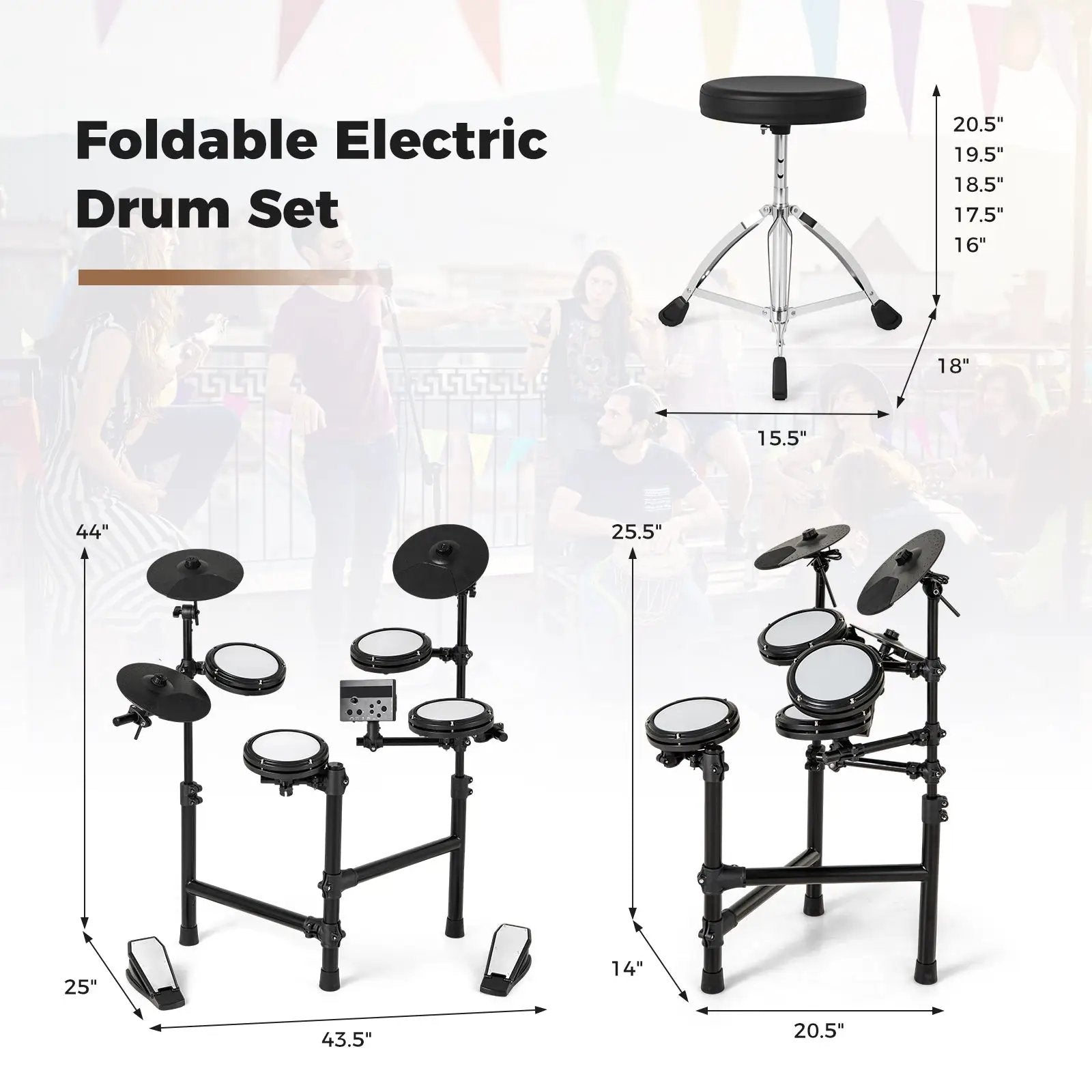 Electric Drum Set Foldable Drum Kit with 10 Demos and USB MIDI and 2 Drumsticks by DirectDeals
