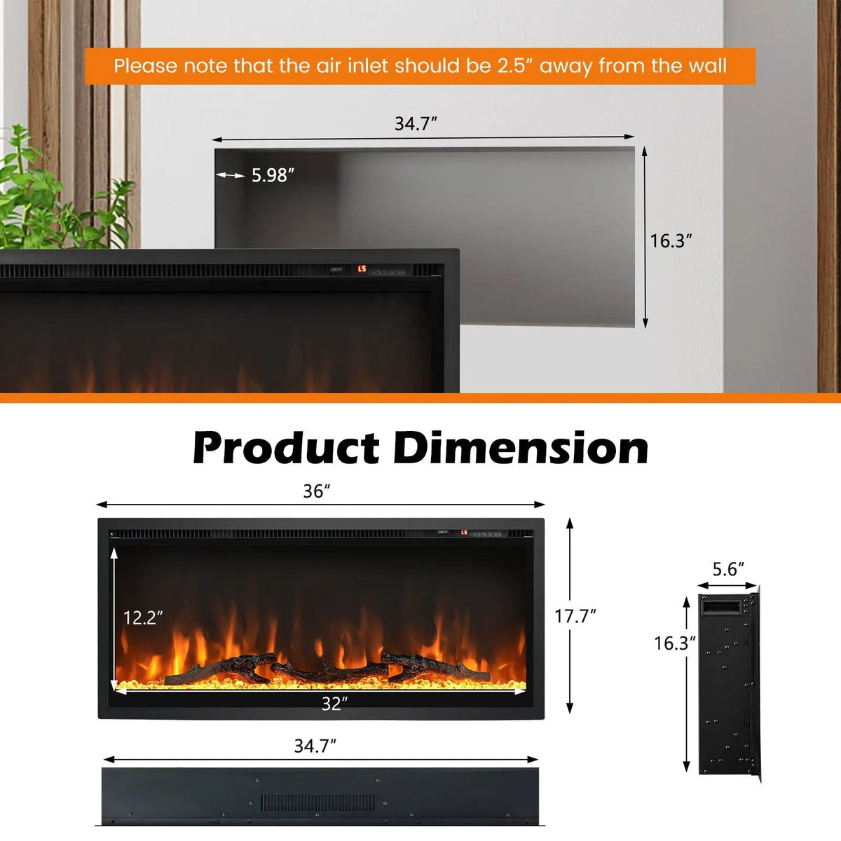 Electric Fireplace in-Wall Recessed with Remote Control and Adjustable Color and Brightness by DirectDeals