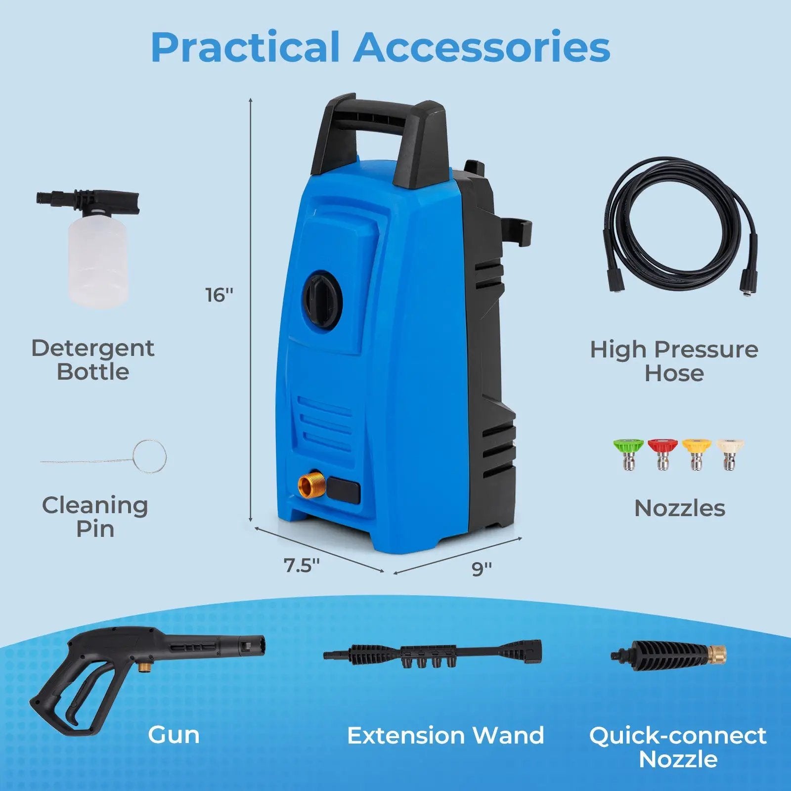 1900 PSI 1.8 GPM Electric Pressure Washer with 4 Quick Connect Nozzles-Blue by DirectDeals