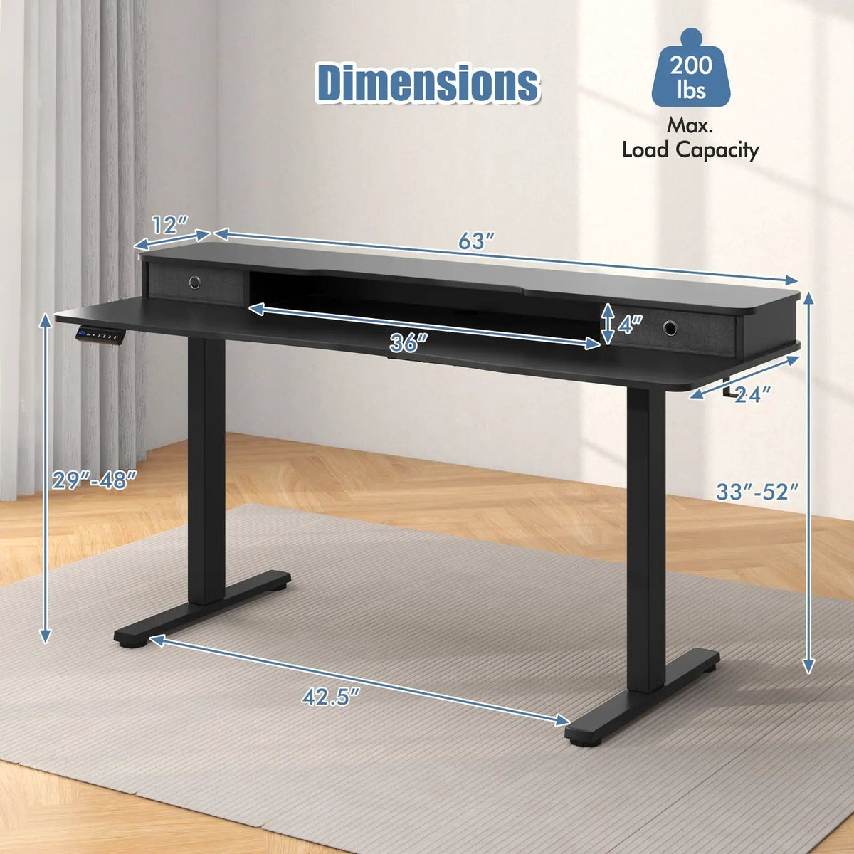 63 Inch x 24 Inch Electric Standing Desk with 2 Drawers, photo 9 of 10