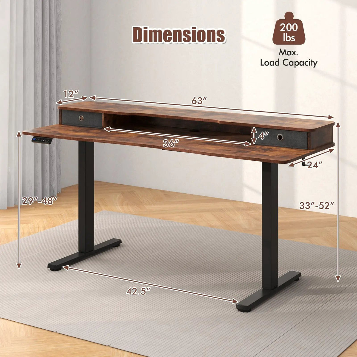 63 Inch x 24 Inch Electric Standing Desk with 2 Drawers, photo 3 of 10