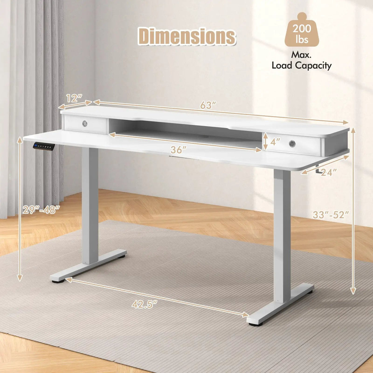 63 Inch x 24 Inch Electric Standing Desk with 2 Drawers, photo 10 of 10