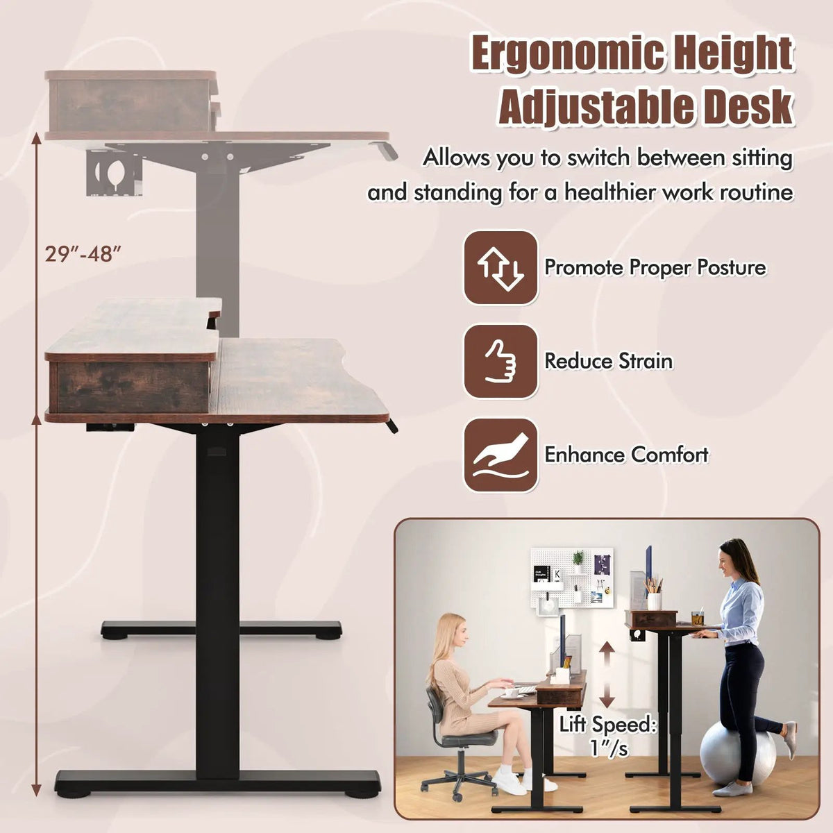 48 Inch x 24 Inch Height Adjustable Electric Standing Desk with 2 Drawers, photo 4 of 10
