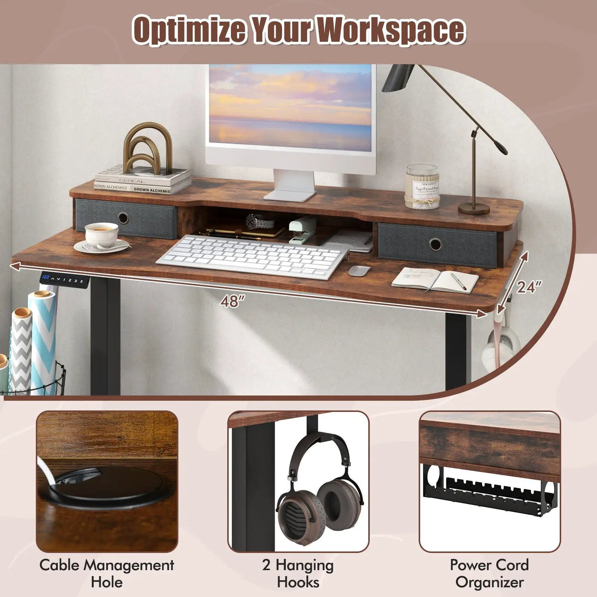 48 Inch x 24 Inch Height Adjustable Electric Standing Desk with 2 Drawers, photo 8 of 10