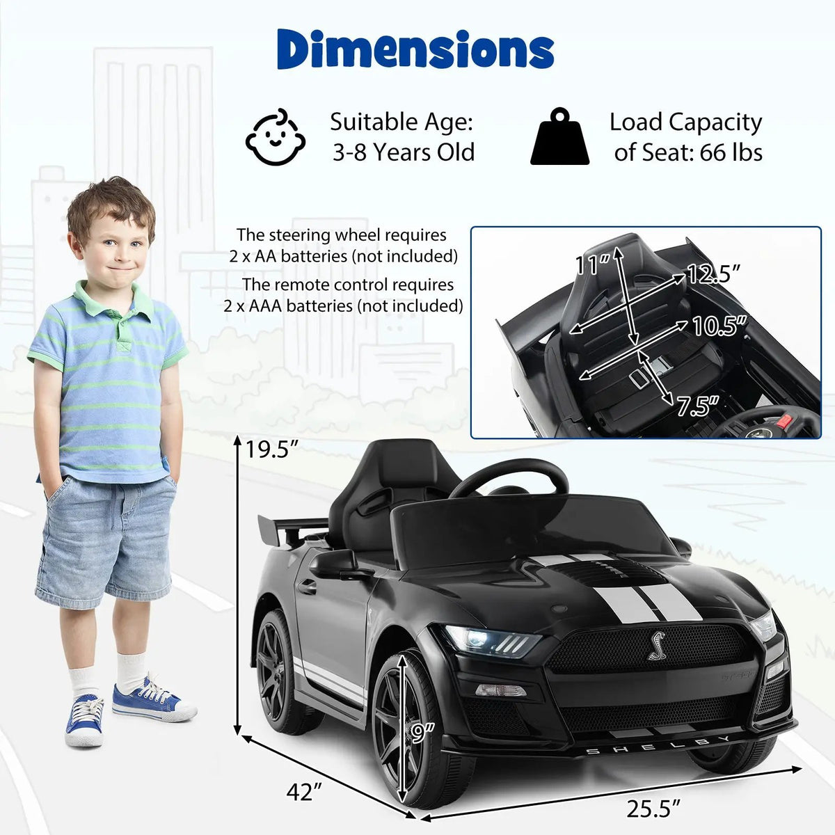 12V Licensed Ford Mustang Shelby GT500 Kids Ride on Car with Remote Control for Kids Aged 3-8, photo 5 of 11