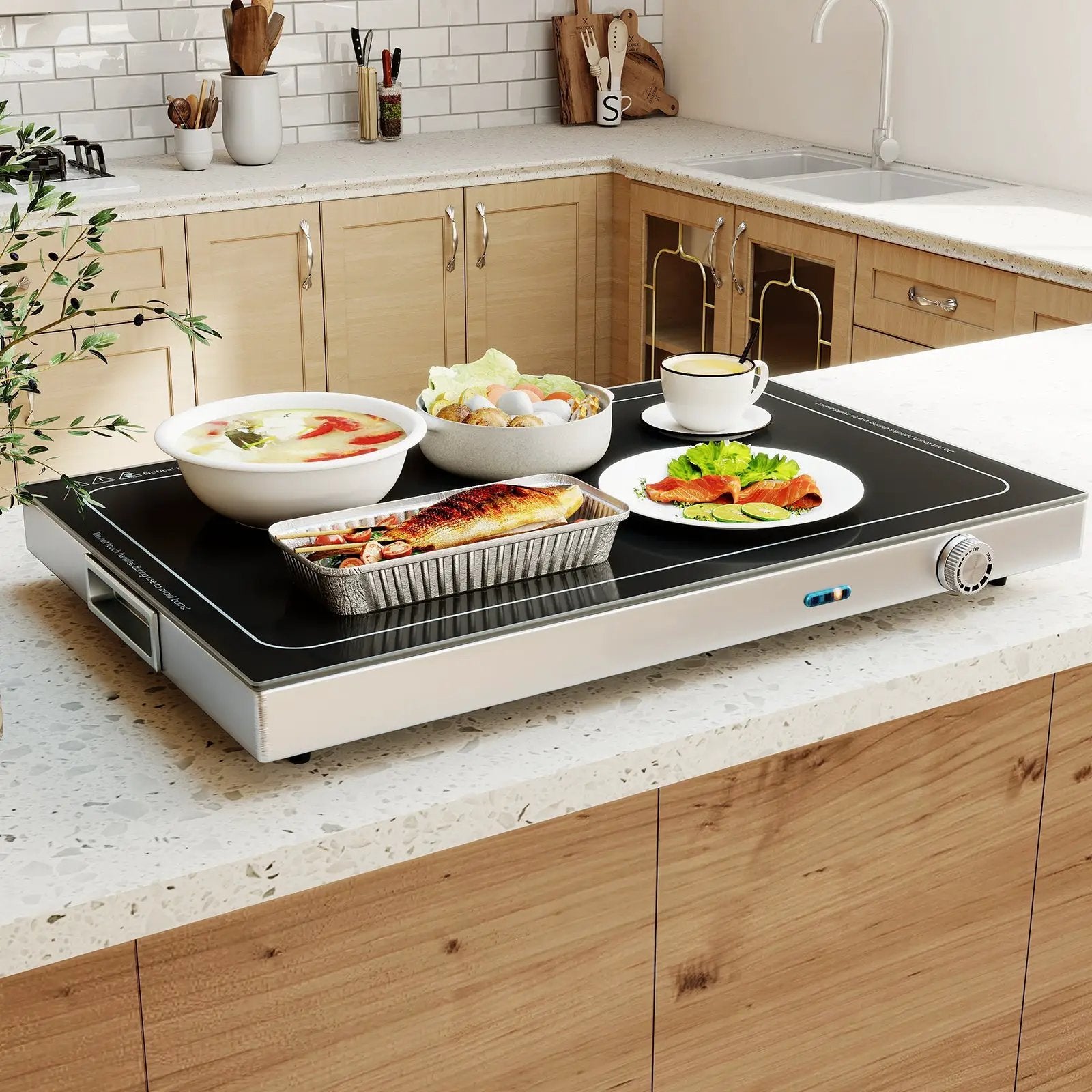 Electric Warming Tray with Adjustable Temperature and Built-In Handles Tempered Glass by DirectDeals