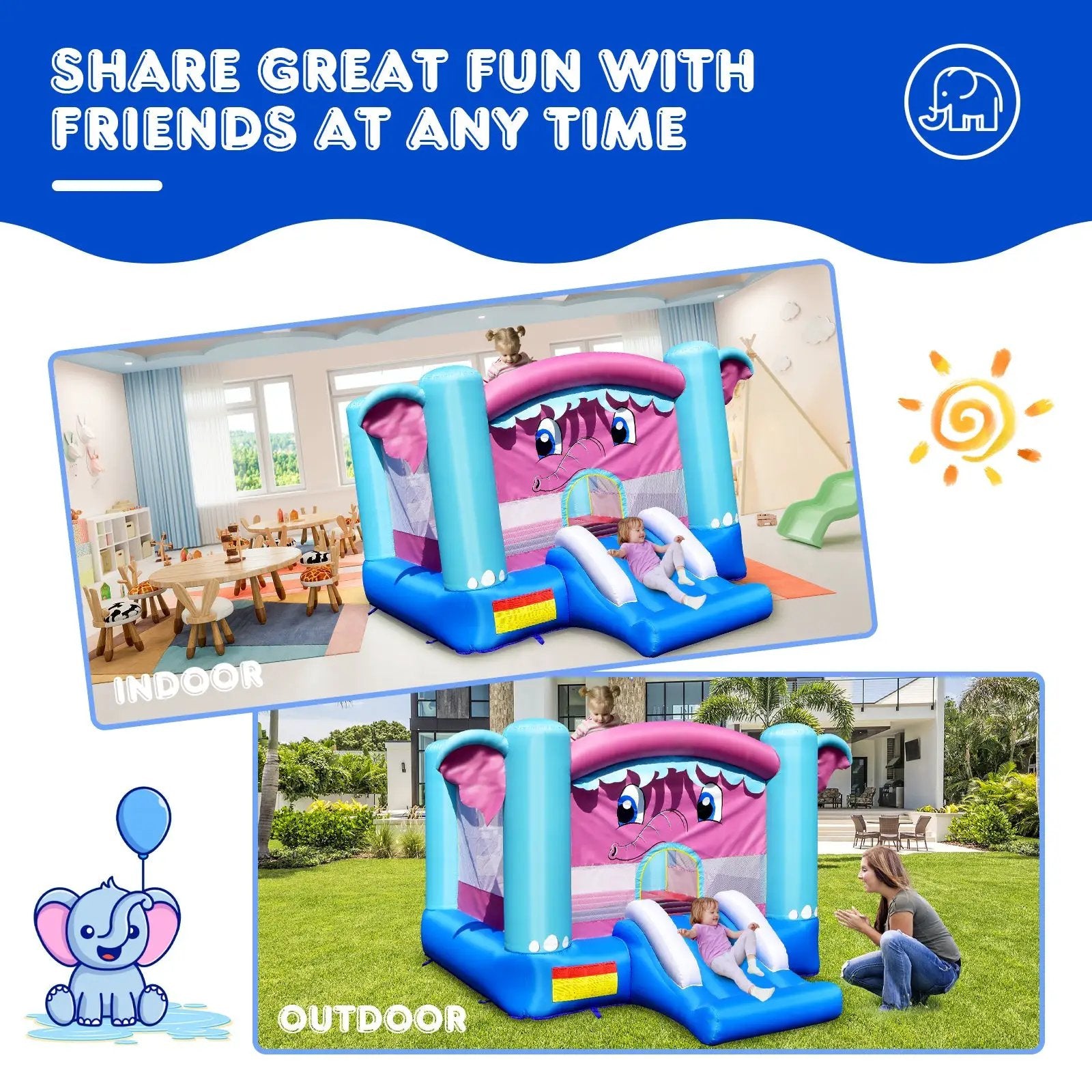 3-in-1 Elephant Theme Inflatable Castle without Blower by DirectDeals