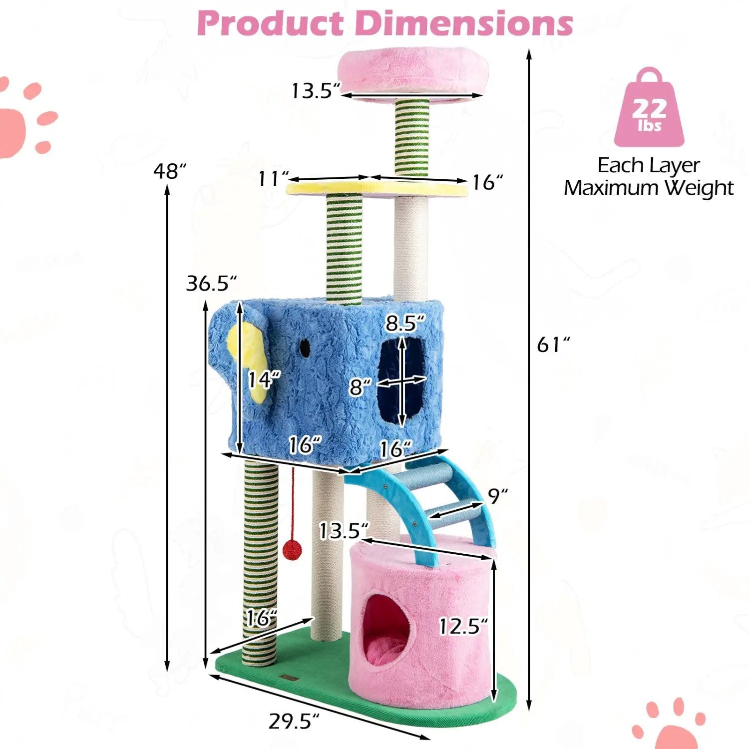 Elephant Themed Cat Tree for Adult Cats Multi-level Kitty Tower with 2 Condos by DirectDeals