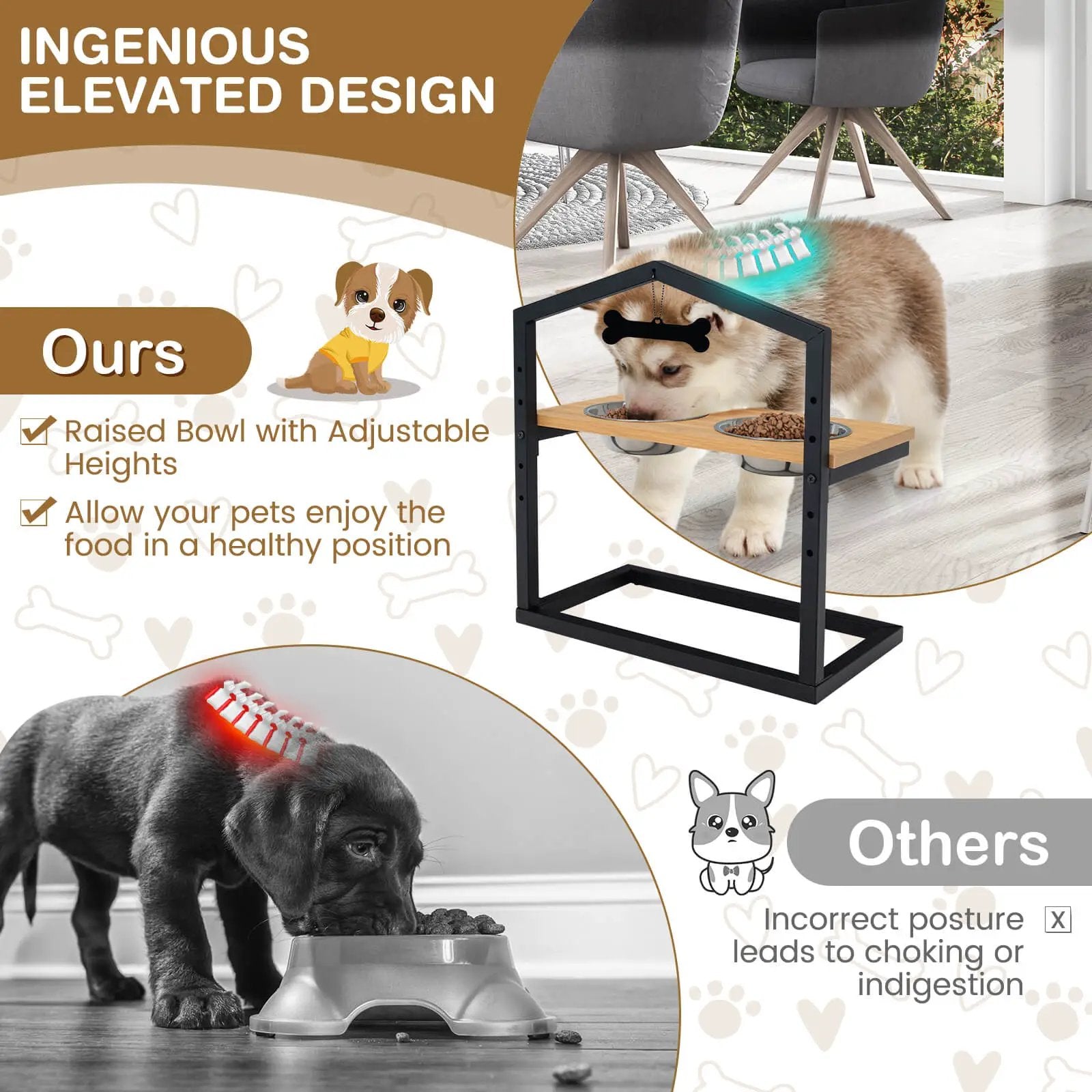 5 Heights Elevated Pet Feeder with 2 Detachable Stainless Steel Bowl by DirectDeals