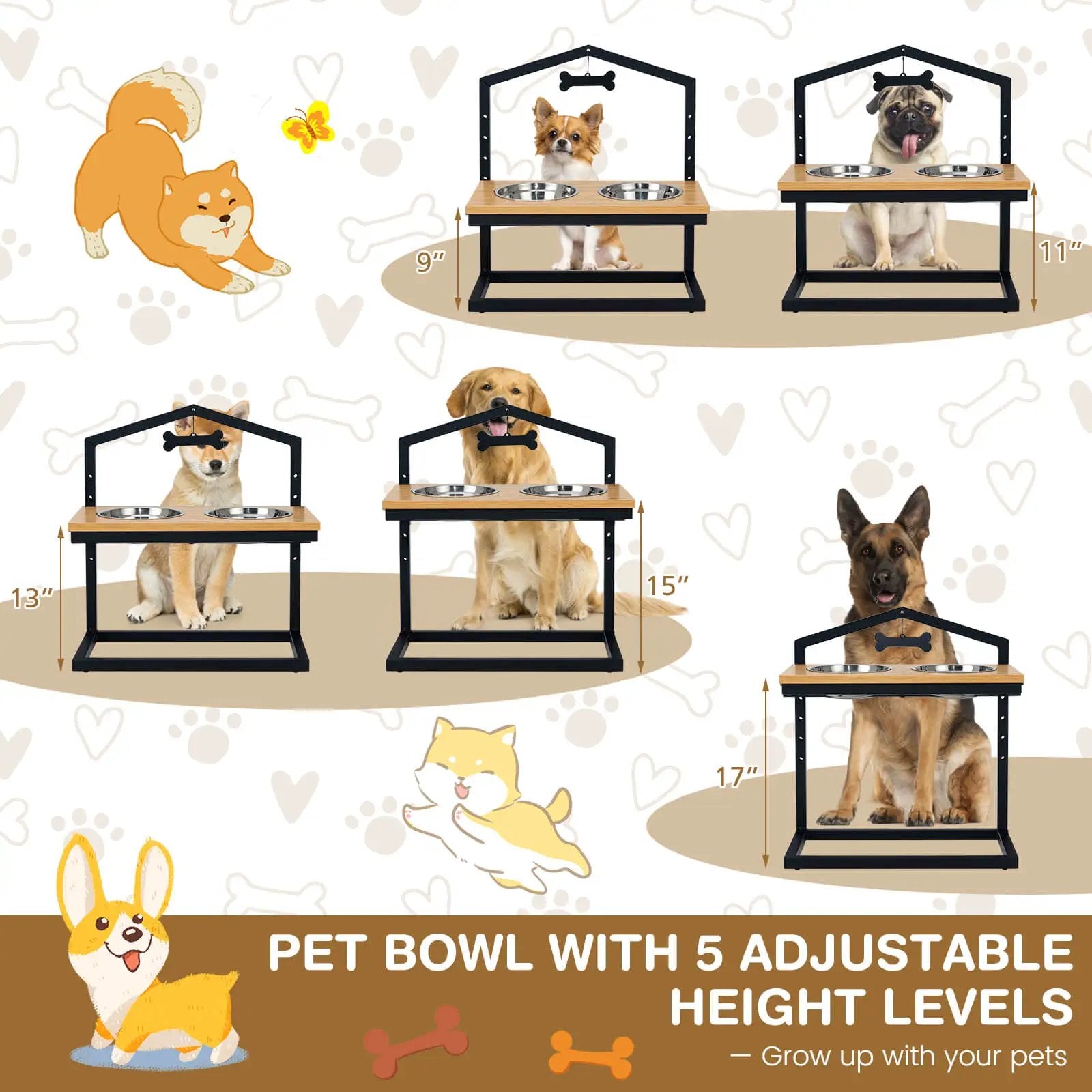 5 Heights Elevated Pet Feeder with 2 Detachable Stainless Steel Bowl by DirectDeals