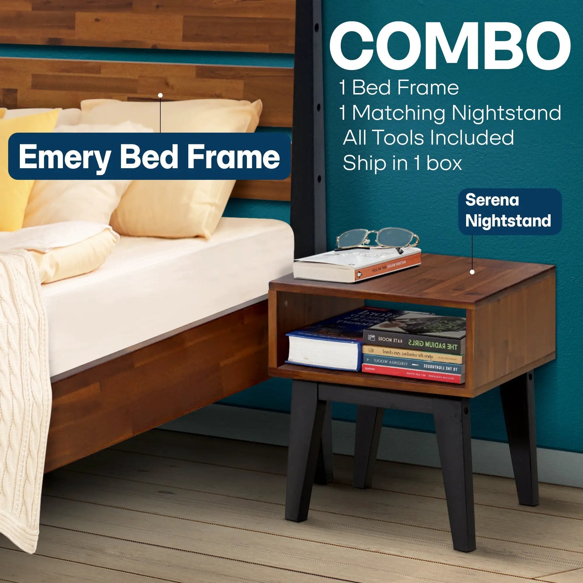 [Buy 1 Get 1] Emery Solid Wood Bed Frame & Nightstand by Megsu