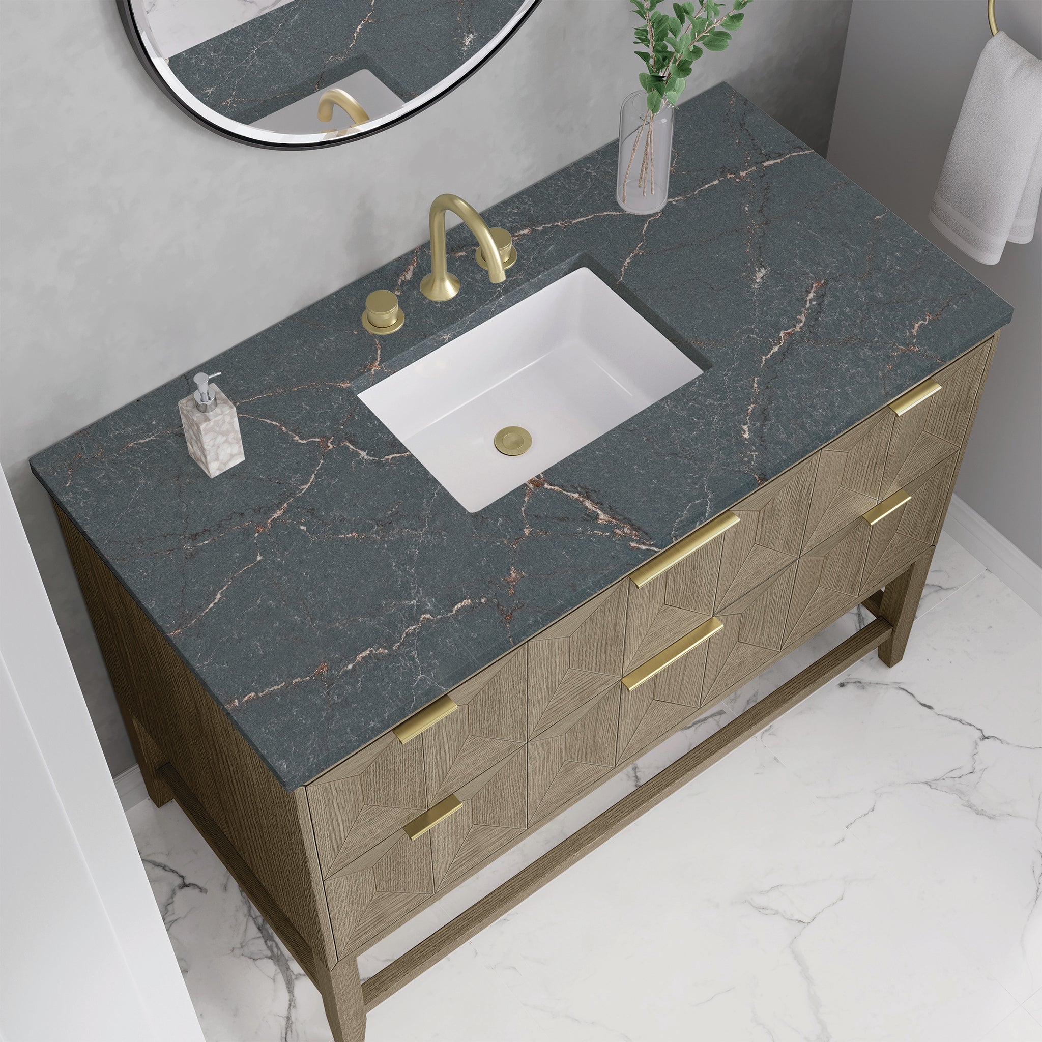 James Martin Emmeline 48" Single Bathroom Vanity, Pebble Oak with Parisien Bleu countertop