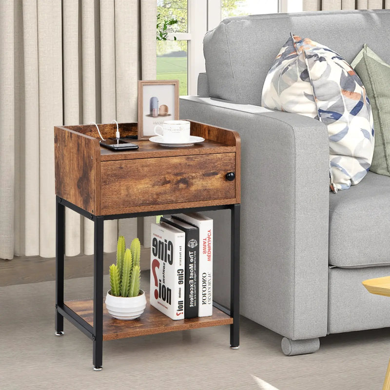 Lift Top End Table with Charging Station and Storage Shelves-Coffee by DirectDeals