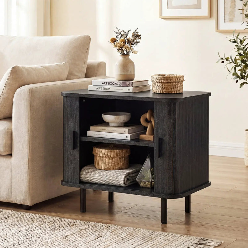 End Table Modern Mid Century Nightstand with Sliding Tambour Doors and Storage Shelf by DirectDeals