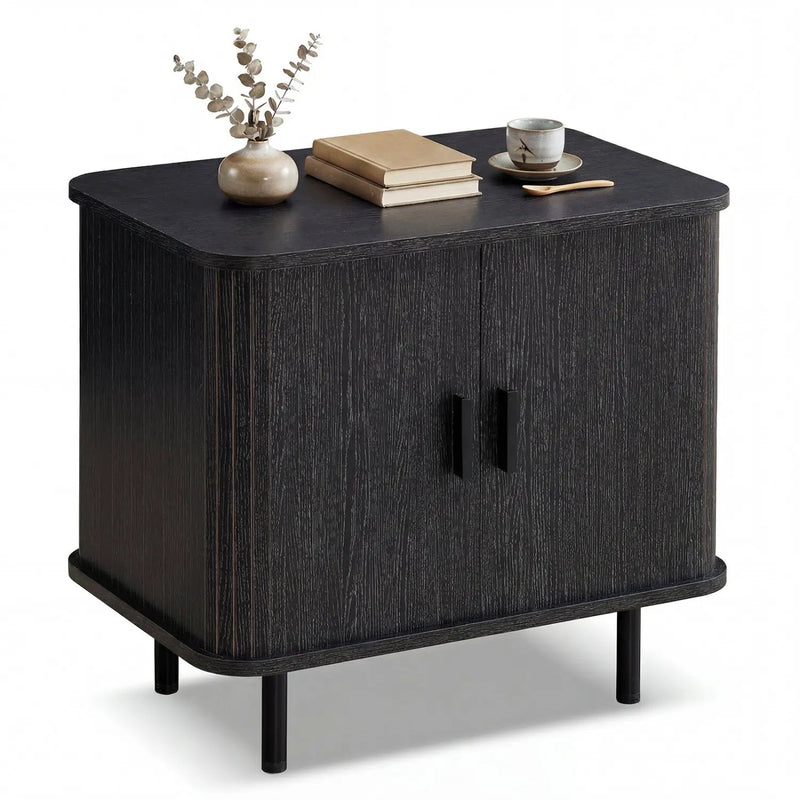 End Table Modern Mid Century Nightstand with Sliding Tambour Doors and Storage Shelf by DirectDeals