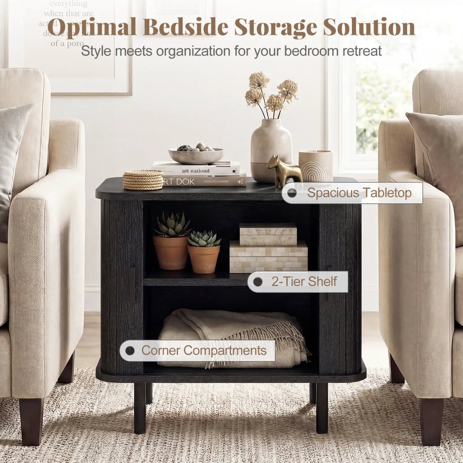 End Table Modern Mid Century Nightstand with Sliding Tambour Doors and Storage Shelf by DirectDeals