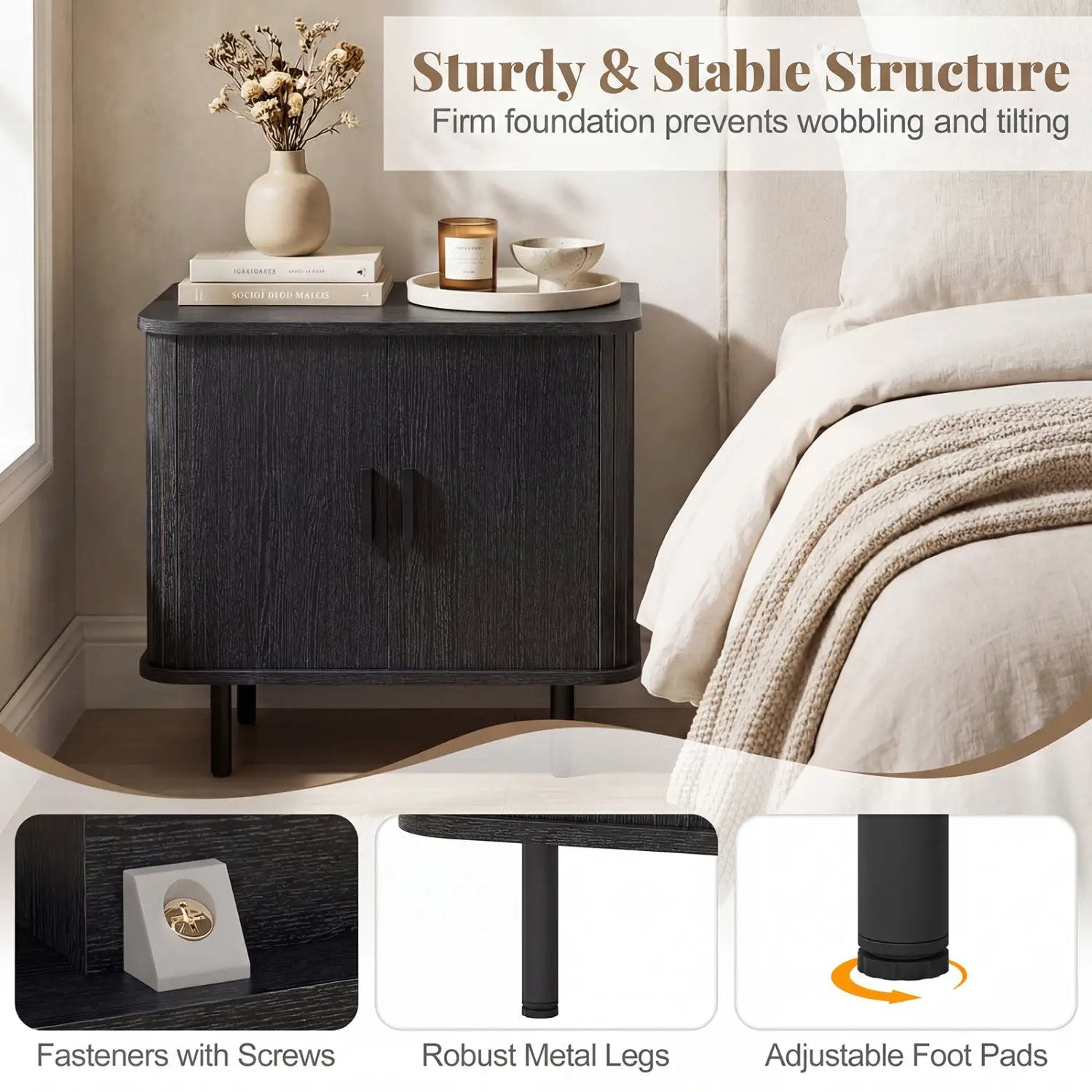 End Table Modern Mid Century Nightstand with Sliding Tambour Doors and Storage Shelf by DirectDeals