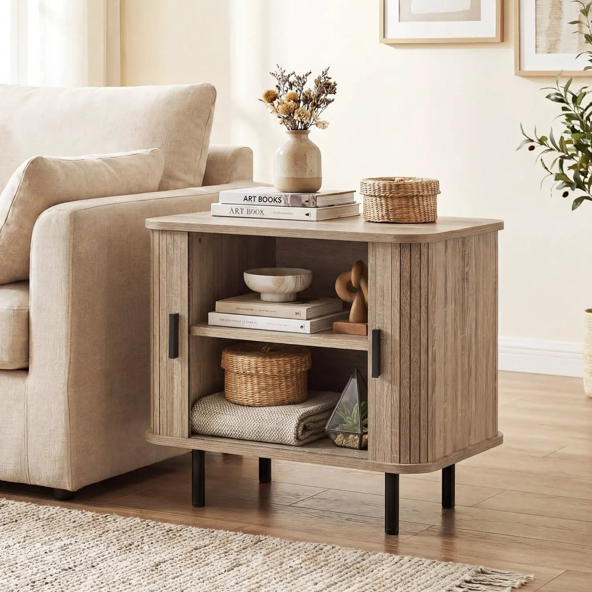 End Table Modern Mid Century Nightstand with Sliding Tambour Doors and Storage Shelf, photo 3 of 16
